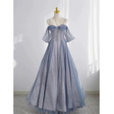 Niulatu A Line Off The Shoulder Blue Sequin Tulle Long Length Evening Dress Prom Dresses SD2793
