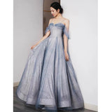 Niulatu A Line Off The Shoulder Blue Sequin Tulle Long Length Evening Dress Prom Dresses SD2793