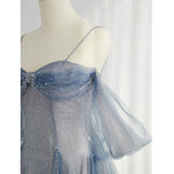 Niulatu A Line Off The Shoulder Blue Sequin Tulle Long Length Evening Dress Prom Dresses SD2793