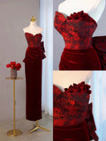 Niulatu Mermaid Sweetheart Wine Red Velvet Long Evening Dress Prom Dresses SD2794
