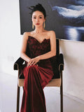 Niulatu Mermaid Sweetheart Wine Red Velvet Long Evening Dress Prom Dresses SD2794