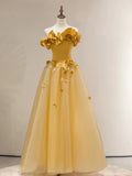 Niulatu A line Strapless Yellow Tulle Long Prom Dress Party Dress SD2795