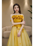 Niulatu A line Strapless Yellow Tulle Long Prom Dress Party Dress SD2795