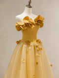 Niulatu A line Strapless Yellow Tulle Long Prom Dress Party Dress SD2795