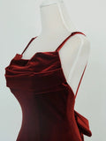 Niulatu Mermaid Spaghetti Straps Wine Red Velvet Long Evening Dress Prom Dresses SD2797