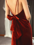 Niulatu Mermaid Spaghetti Straps Wine Red Velvet Long Evening Dress Prom Dresses SD2797