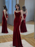Niulatu Mermaid Spaghetti Straps Wine Red Velvet Long Evening Dress Prom Dresses SD2797