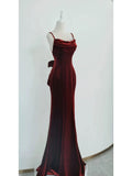 Niulatu Mermaid Spaghetti Straps Wine Red Velvet Long Evening Dress Prom Dresses SD2797
