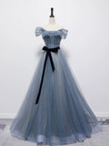 Niulatu Ball Gown Off The Shoulder Blue Tulle Long Prom Gown Fairy Prom Dresses SD2798