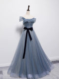 Niulatu Ball Gown Off The Shoulder Blue Tulle Long Prom Gown Fairy Prom Dresses SD2798