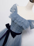 Niulatu Ball Gown Off The Shoulder Blue Tulle Long Prom Gown Fairy Prom Dresses SD2798