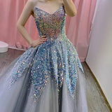 Niulatu Balll Gown Sweetheart Blue Sequin Tulle Long Evening Dress Prom Dresses SD2799