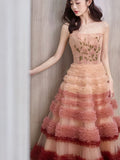 Niulatu Balll Gown Strapless Tulle Pink Ruffles Long Evening Dress Prom Dresses SD2801