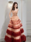Niulatu Balll Gown Strapless Tulle Pink Ruffles Long Evening Dress Prom Dresses SD2801