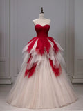 Niulatu Balll Gown Sweetheart Red Tulle Ruffles Long Evening Dress Prom Dresses SD2802