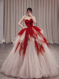 Niulatu Balll Gown Sweetheart Red Tulle Ruffles Long Evening Dress Prom Dresses SD2802