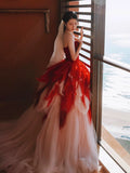 Niulatu Balll Gown Sweetheart Red Tulle Ruffles Long Evening Dress Prom Dresses SD2802
