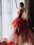 Niulatu Balll Gown Sweetheart Red Tulle Ruffles Long Evening Dress Prom Dresses SD2802