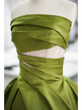 Niulatu Balll Gown Strapless Green Satin Ruffles Long Evening Dress Prom Dresses SD2803