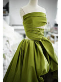 Niulatu Balll Gown Strapless Green Satin Ruffles Long Evening Dress Prom Dresses SD2803