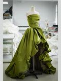 Niulatu Balll Gown Strapless Green Satin Ruffles Long Evening Dress Prom Dresses SD2803