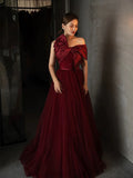 Niulatu Ball Gown Strapless Burgundy Tulle Long Prom Gown Fairy Prom Dresses SD2808