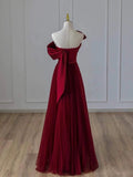 Niulatu Ball Gown Strapless Burgundy Tulle Long Prom Gown Fairy Prom Dresses SD2808