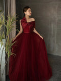 Niulatu Ball Gown Strapless Burgundy Tulle Long Prom Gown Fairy Prom Dresses SD2808