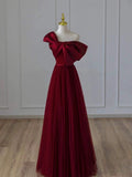 Niulatu Ball Gown Strapless Burgundy Tulle Long Prom Gown Fairy Prom Dresses SD2808