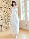 Niulatu A Line Spaghetti Straps White Lace Long Length Evening Dress Prom Dresses SD2810