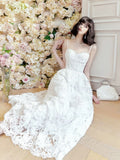 Niulatu A Line Spaghetti Straps White Lace Long Length Evening Dress Prom Dresses SD2810