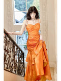 Niulatu Mermaid Spaghetti Straps Organge Ankle Length Evening Dress Prom Dresses SD2812