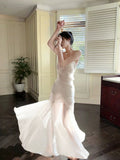 Niulatu Mermaid Spaghetti Straps White Long Evening Dress Prom Dresses SD2813