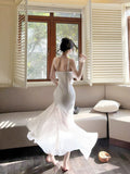 Niulatu Mermaid Spaghetti Straps White Long Evening Dress Prom Dresses SD2813