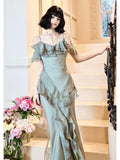 Niulatu Mermaid Spaghetti Straps Ruffles Long Evening Dress Prom Dresses SD2814