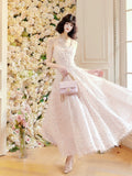 Niulatu A Line Spaghetti Straps Pink Ankle Length Evening Dress Prom Dresses SD2817