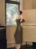 Niulatu Sheath Spaghetti Straps Green Ruffles Long Evening Dress Lace Prom Dresses SD2819