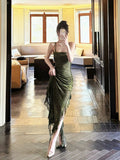 Niulatu Sheath Spaghetti Straps Green Ruffles Long Evening Dress Lace Prom Dresses SD2819