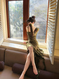 Niulatu Sheath Spaghetti Straps Green Ruffles Long Evening Dress Lace Prom Dresses SD2819