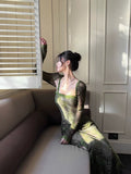 Niulatu Sheath Spaghetti Straps Green Ruffles Long Evening Dress Lace Prom Dresses SD2819