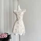 Niulatu A line Sweetheart Cap Sleeves Blue Floral Dress Short Holiday Dresses SD281