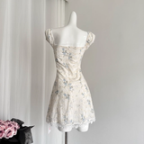 Niulatu A line Sweetheart Cap Sleeves Blue Floral Dress Short Holiday Dresses SD281