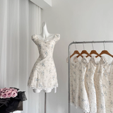 Niulatu A line Sweetheart Cap Sleeves Blue Floral Dress Short Holiday Dresses SD281