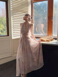 Niulatu A Line Halter Pink Chiffon Floral Ankle Length Evening Dress Prom Dresses SD2821