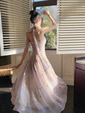 Niulatu A Line Halter Pink Chiffon Floral Ankle Length Evening Dress Prom Dresses SD2821