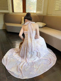 Niulatu A Line Halter Pink Chiffon Floral Ankle Length Evening Dress Prom Dresses SD2821