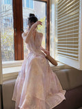 Niulatu A Line Halter Pink Chiffon Floral Ankle Length Evening Dress Prom Dresses SD2821
