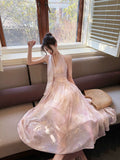 Niulatu A Line Halter Pink Chiffon Floral Ankle Length Evening Dress Prom Dresses SD2821