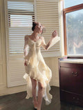 Niulatu High Low V Neckline White Lace Ruffles Long Evening Dress Lace Prom Dresses SD2822
