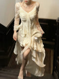 Niulatu High Low V Neckline White Lace Ruffles Long Evening Dress Lace Prom Dresses SD2822